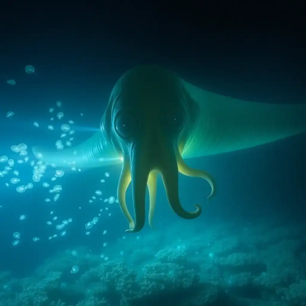 A deep-sea expedition captures the first-ever high-resolution footage of a giant, unknown sea creature. The creature’s elongated, bioluminescent body glides through the abyss, tentacle-like appendages undulating gracefully. The submersible’s lights cast eerie beams across the creature’s massive, ancient-looking eyes, which seem to study the camera. Schools of glowing jellyfish float around it, adding to the ethereal, otherworldly atmosphere. The ocean floor is barely visible in the distance, covered in strange, coral-like formations that hint at an undiscovered ecosystem.