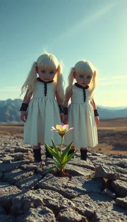 goth‑punk rainbow twins with light ice‑blue eyes stand against a vast majestic landscape, their vivid kpu_40s kodachrome slide aesthetic from 1940s‑1950s color photography rendered in fine‑grain film style with bleached luminous highlights and deep contrast reversal. a single rainbow flower breaks through cracked stone amid minimalist geometric forms, subtle polka‑dot and stripe accents, and restrained fractal hints, all illuminated by dramatic sky darkening and otherworldly color shift. the scene glows with archival, mythic nostalgia, soft diffuse lighting, muted gold‑gray tones softened by the warm film bias, delivering sharp ethereal clarity and surreal tone inversion across the expansive terrain.