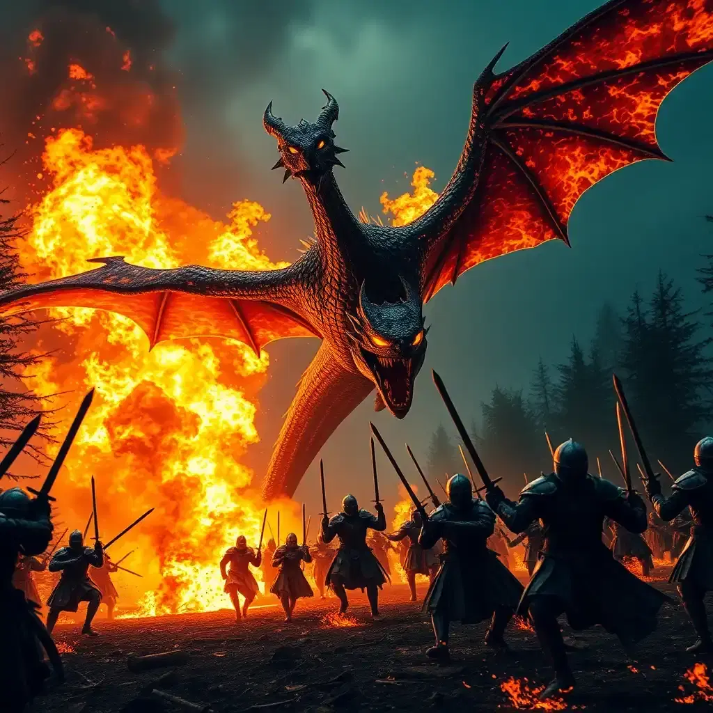 **extreme movie scene**

a colossal, cinematic battle unfolds: 'dragon's inferno.' the dark medieval forest explodes in a blaze of fire and steel as knights, clad in armor that shimmers like molten steel, charge forward with desperate valor against an unstoppable force of hellfire.

the colossal dragon, with wingspan as wide as a skyscraper, soars through the inferno, ablaze with flames that consume its bat-like wings. obsidian scales crackle with molten lava, as piercing golden eyes blaze with fury, unyielding in their wrath. 

a deafening roar, like the crack of thunder, shakes the earth as the dragon unleashes a blast of fire and smoke from its nostrils, engulfing the knights in a tidal wave of flames. the knights, undaunted by the inferno, charge forward with their swords raised high, their armor scorched and glowing. 

the air is thick with the acrid smell of burning wood and flesh, and the background is a swirling vortex of fire and smoke, devouring everything in its path. trees reduced to charred skeletons stand like skeletal warriors, a grim reminder of the apocalypse unfolding before us. 

the battle rages on, with flames dancing across the screen, and the dragon's sheer size and ferocity pitted against the desperate bravery of the knights. this is an epic, heart-stopping clash, where heroes rise and fall, and the very fabric of reality hangs in the balance.

**art style:**
hyper-realistic, cinematic poster art with sleek, gothic details. inspired by dark fantasy movie posters, and reminiscent of medieval tapestries. radiant colors, dramatic composition and overwhelming texture evoke an immersive experience.

**angle of shot:**
diverse angles and shot rates, utilizing closeups, wide shots, and a 360-degree panning shot, followed by quick, frenetic cuts to showcase the unbridled chaos and combat frenzy.