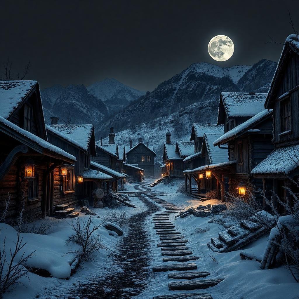 amidst an eerie veil of frost, a deserted mining town lies shrouded in an unforgiving winter's grasp, its wooden facades weathered to a moss-covered grey, heavily worn and deeply etched. 

as the last rays of sunset vanish, lanterns like frozen flames flicker to life, casting an ethereal glow that trembles against the biting wind, with the worn edges of their images dancing against the dark background. 

snow-encased buildings slope like worn sarcophagi, abandoned in the midst of a great thaw that never came, their textures developed in delicate curves of silver and grey. 

frostbite air stings the cheeks of time itself as the lanterns' creaking protests against the cold whisper an endless tale of toil, hardship, and tragedy, their faint silhouettes etched into the negative like whispers to the past. 

behind the crumbling structures, mountains wear the weight of millennia like stone blankets, their peaks silhouetted by the moon's pale ghost, their massive forms faintly rendered in the blackest of shadows. the snow-clad peaks loom like silent sentinels, safeguarding secrets forever silenced by the dispassionate quiet of the frost, cast in a shadowy monotone.