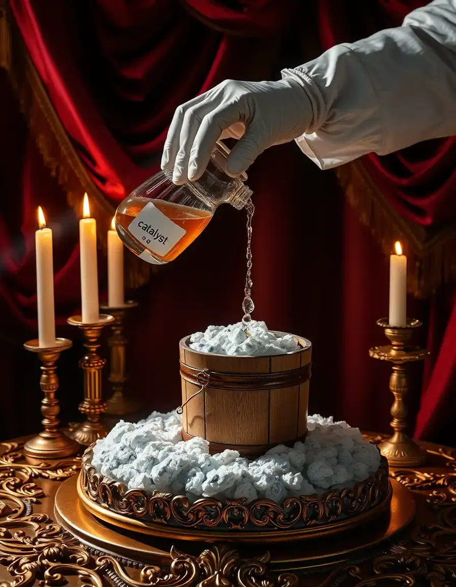 a chemist's hands, wearing gleaming white gloves, carefully cradle a small glass flask labeled 'catalyst' and 'q' as they pour some shimmering liquid over a small wooden bucket encased in an abundant, thick light grey substance that sits atop an ornate, gilded table, richly detailed in the warm candlelight that casts dramatic shadows and heightens the drama of the scene; rich, heavy drapery in deep crimson hues flows dramatically about the table, its intricate folds and tassels accentuated by shafts of piercing light that cast an ornate, golden glow upon the chemist's hands and equipment.
