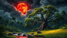 stormy blood moon lighting blankets a tropical forest reference sheet for a children’s storybook, casting an intense storm sky with a giant blood‑moon, towering grey clouds and shafts of crimson light breaking through rain‑filled mist. vast, magical trees with rugged trunks and lush green canopies dominate beneath the eerie glow, their bark illuminated by the blood‑moon. soft emerald grass, dense bushes, moss‑covered rocks and a clear shallow stream sparkle with reflected crimson light. a distinctive massive tree with sprawling roots serves as a landmark beside scattered rocks, while a grassy clearing opens nearby, bathed in the vivid, cinematic palette of the storm‑lit night, preserving a whimsical, child‑friendly atmosphere.