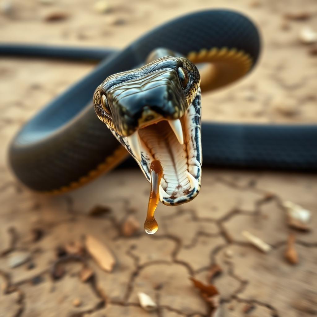 A dramatic close-up of a Black Mamba striking at high speed, its fangs bared and venom dripping from its bite. The motion blur emphasizes the sheer quickness of its attack, while its muscular body is fully extended in an aggressive display. The environment is dry, with scattered leaves and cracked earth beneath it, reinforcing its role as one of the most feared snakes in the world. The danger is palpable, yet there’s an undeniable elegance in its lethal precision.