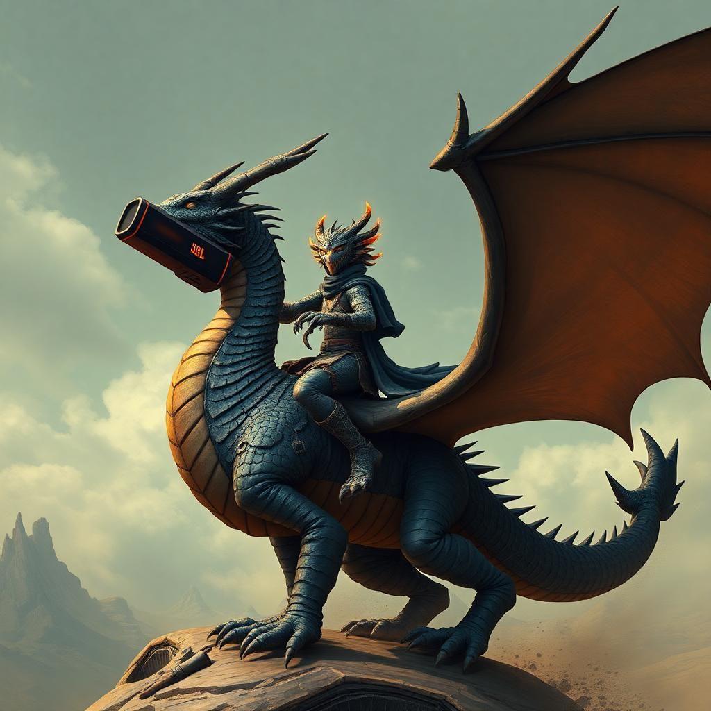 ridoc from onyx storm riding on the back of a dragon with a JBL flip speaker in his hand