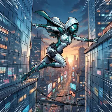 original spider hero in a white and teal hooded suit, mid-swing on a web line between skyscrapers, dynamic action, comic book illustration, vibrant, crisp high detail