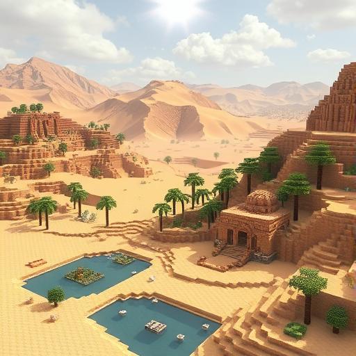 Minecraft Biomes: A desert biome with massive dunes, a mysterious oasis surrounded by palm trees, and ancient ruins buried in the sand'