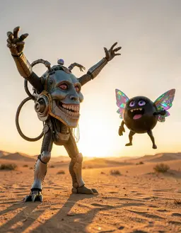 cinematic realism film still of an open desert at golden hour, photorealistic with detailed textures and sharp focus. RoboMonster throws both arms out wide, full body, captured from a low‑angle wide shot. Black Sphere Cutie‑fa hovers a short distance to the right of RoboMonster, arms lifted toward the sky, full body, sharing the same low‑angle wide perspective.