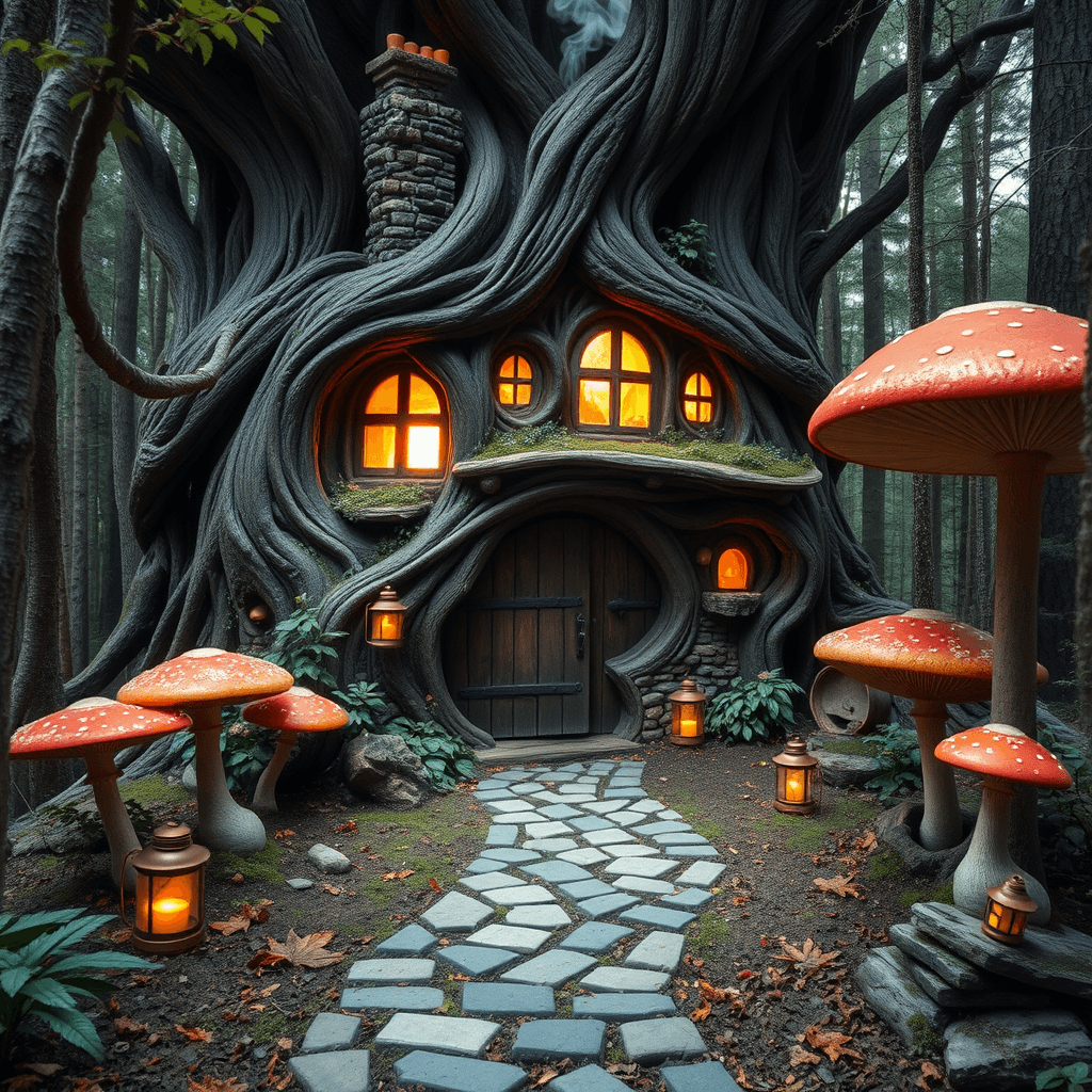 A cozy, fairytale-style dream house hidden in the woods. The house is made of twisted tree roots, with glowing windows and a chimney puffing out gentle smoke. The garden is filled with oversized mushrooms, tiny lanterns, and a cobblestone path leading to a wooden door.