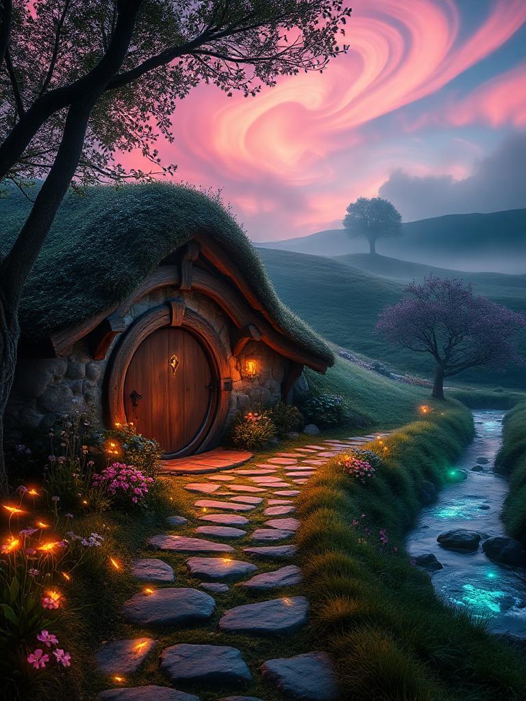 A cozy hobbit home nestled in a mystical and enchanted landscape captures the essence of wonder and ancient magic. The air hums with secrets untold, while a soft, ethereal fog weaves through the rolling hills. Warm, vibrant hues of morning light bathe the round, earthy door, and glowing runes subtly adorn the path's stones. Fireflies flicker gently, like tiny embers of forgotten spells among the flowers swaying in the breeze. The sky, alive with swirling auroras, paints with pink, orange, and blue, mirrored in a stream shimmering with iridescent light. Strange flora, softly pulsing in shades of violet and emerald, line the pathway, their petals releasing glowing spores that drift like whispers in the air. The atmosphere is filled with distant chimes and rustling leaves, creating a dreamy, peaceful scene that feels alive, as though the world is eager to share its hidden stories on this magical Hobbiton morning.