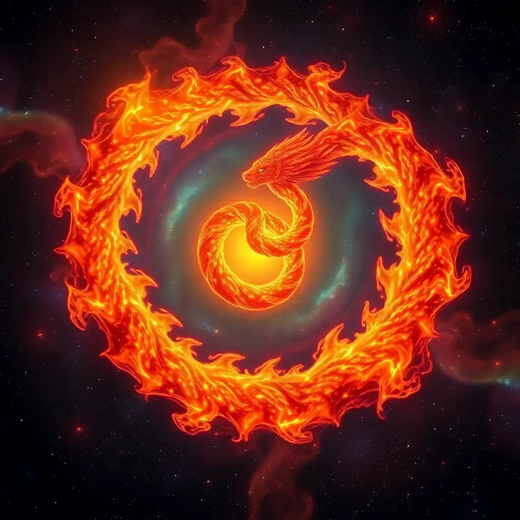 Amidst the kaleidoscopic expanse of a forgotten nebula, a mythical solar serpent coils in on itself in an elaborate dance of fire and elegance. Its scales glimmer with cosmic iridescence, casting kaleidoscope reflections that ripple across the vastness of space. As it spirals through the heavens, it weaves a rich tapestry of conflagrant hues, uniting the sacred warmth of the sun with the ancient mystery of the stars.