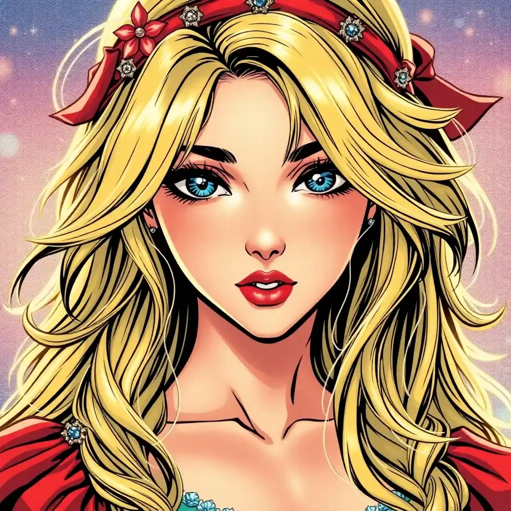 Create a spellbinding femme anime character, adorned with cascading locks of blonde hair and entrancing blue eyes, reminiscent of a fairy tale enchantress. Immerse her in a vibrant, vintage comic book universe, where each detail pops with color and precision that blurs the lines between fantasy and reality.