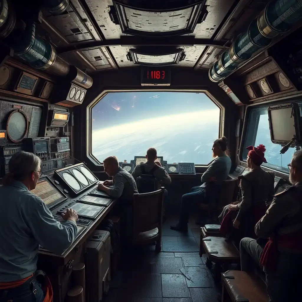 Inside the control room of a space pirate ship, the atmosphere is tense and chaotic. Pirate crew members, wearing a mix of tattered clothing and armored gear, work at various stations, monitoring star charts and tracking enemy ships. The control panels are old and worn, with flickering lights and patched-up machinery. Through the large viewport, the vastness of space can be seen, with distant stars and passing comets. The ship's interior is filled with rough, utilitarian furnishings, and the hum of the ship’s engines is constant in the background.
