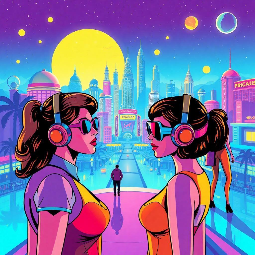 Illustrate a futuristic celebration of retro design, with human figures illustrated in bold pop art colors, set against a shimmering city that mirrors an explorer's paradise from another era. The vibrancy encapsulates a society that blends the ideals of futuristic optimism with timeless style.