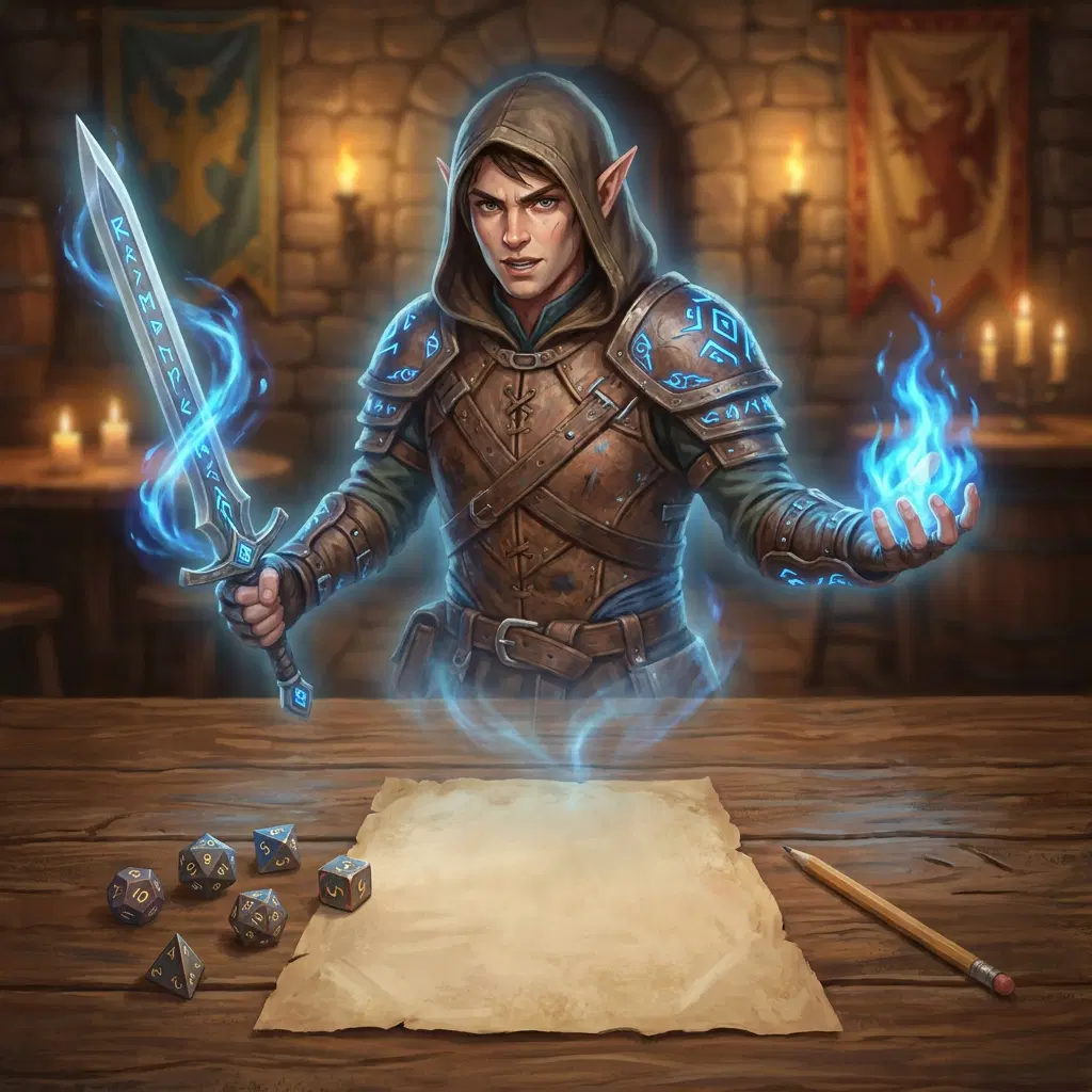 A detailed fantasy character portrait generation scene for tabletop RPG players. A blank character sheet, dice, and pencil lie on a table, and above them appears a fully realized original adventurer: a young half-elf spellblade wearing travel-worn leather armor, glowing arcane runes, expressive face, unique silhouette, weapon and spell effect visible. The image should feel like a player’s original character brought to life from a campaign sheet. Beautiful fantasy portrait, rich details, cinematic lighting, painterly realism, sharp face, clean background, no readable text, no logos, no watermark.