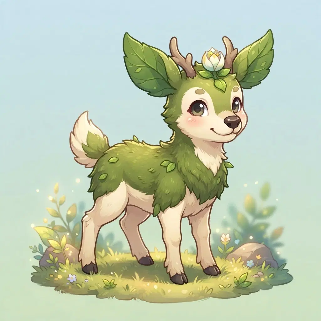 Cute monster-taming game art, full body, original grass creature like a small fawn with leafy ears and a moss-green back, tiny flower budding on its forehead, gentle eyes, cel shaded