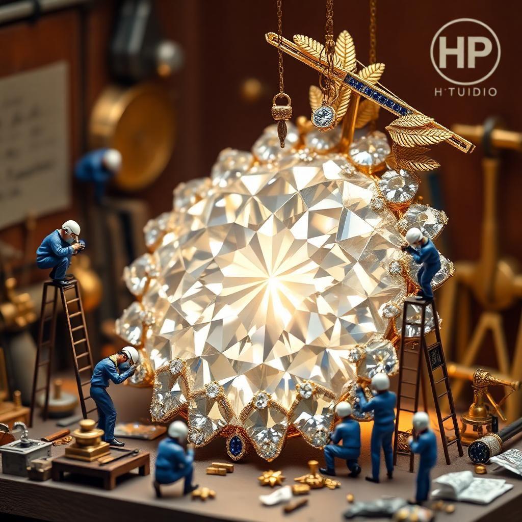 Giant diamond brooch, anklet-shaped, dominates a detailed miniature studio.  Tiny jewelers, blue uniforms, white helmets, work intensely. One polishes sapphires, another engraves platinum feathers. Golden antennae weld, a crane lifts a central diamond.  Light gleams, each facet sparkling.  Workers climb ladders, hang from ropes, meticulously crafting.  Background: warm wood, brass tools, subtle HP-Studio logo.  Scene: focused, precise, magical.  Art style: detailed realism, miniature scale, emphasizing craftsmanship and light.  Emotions: awe, wonder, meticulous precision.
