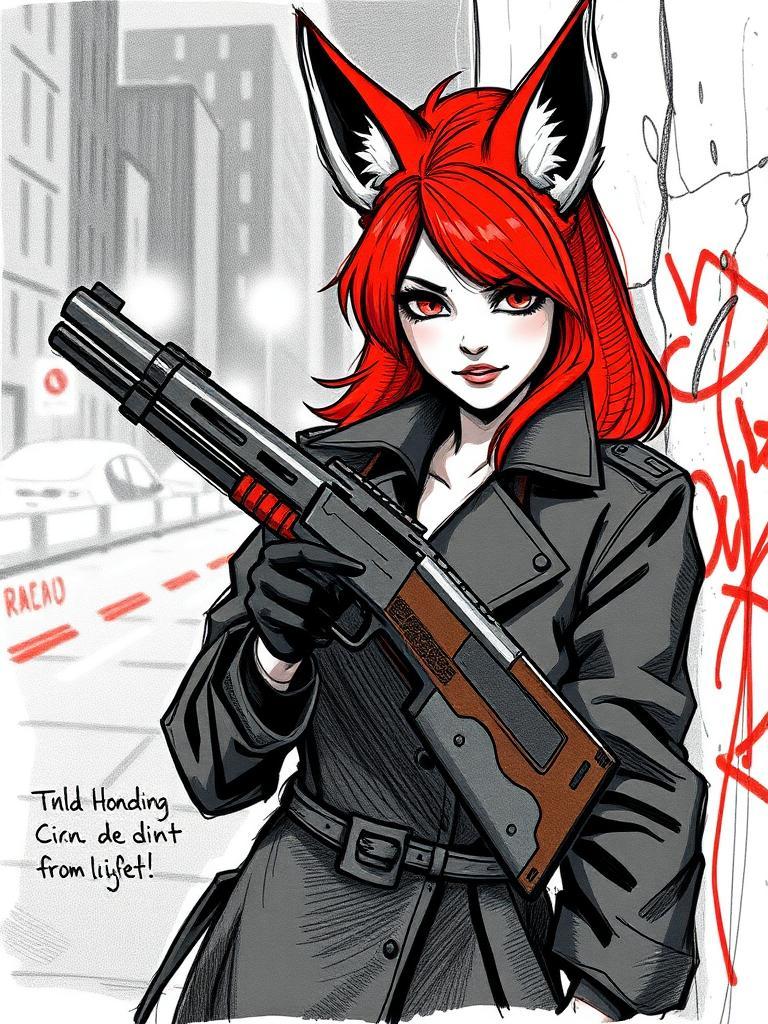 Here's a modified prompt that applies the "Hand-drawn sketch art" style:

"A quick sketch of a robust red fox femme with a shotgun, drawn with loose and expressive lines. She's wearing a black leather trench coat and gloves, leaning against a rough concrete wall with graffiti. Her face is in shadow, but her big eyes shine with fear and determination. The background is a blurry cityscape at night, with only a few lines suggesting buildings and streets. The sketch is done in simple graphite, with rough pencil marks and a minimal color palette. The overall feel is raw and spontaneous, like a quick study from life."

I removed the detailed descriptions of lighting, texture, and atmosphere, and focused on capturing the essence of the subject in a loose and expressive hand-drawn style. I also simplified the language and removed any references to specific film or photography styles, to fit the "Hand-drawn sketch art" aesthetic.