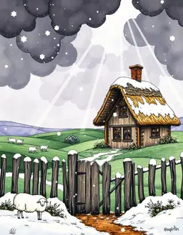 a vienna secession‑styled scene of an enraged snowstorm raging outside a rustic thatched‑roof cabin in the british countryside, with fierce white wind whipping torn‑paper snowflakes and icy acrylic splatter around the cabin’s wooden fence and charming gate. lavender‑hued rays pierce dark clouds above rolling green patchwork fields dotted with fluffy white sheep, while a faint rainbow arches through the storm. decorative gold‑leaf accents, flat ornamental patterns, and elegant linear motifs echo klimt’s geometry, while strong black ink outlines and gentle watercolor‑like transitions preserve a nostalgic, dreamlike mood, with layered torn‑paper textures, ink line work, textile fibers, and distressed glue marks adding depth.
