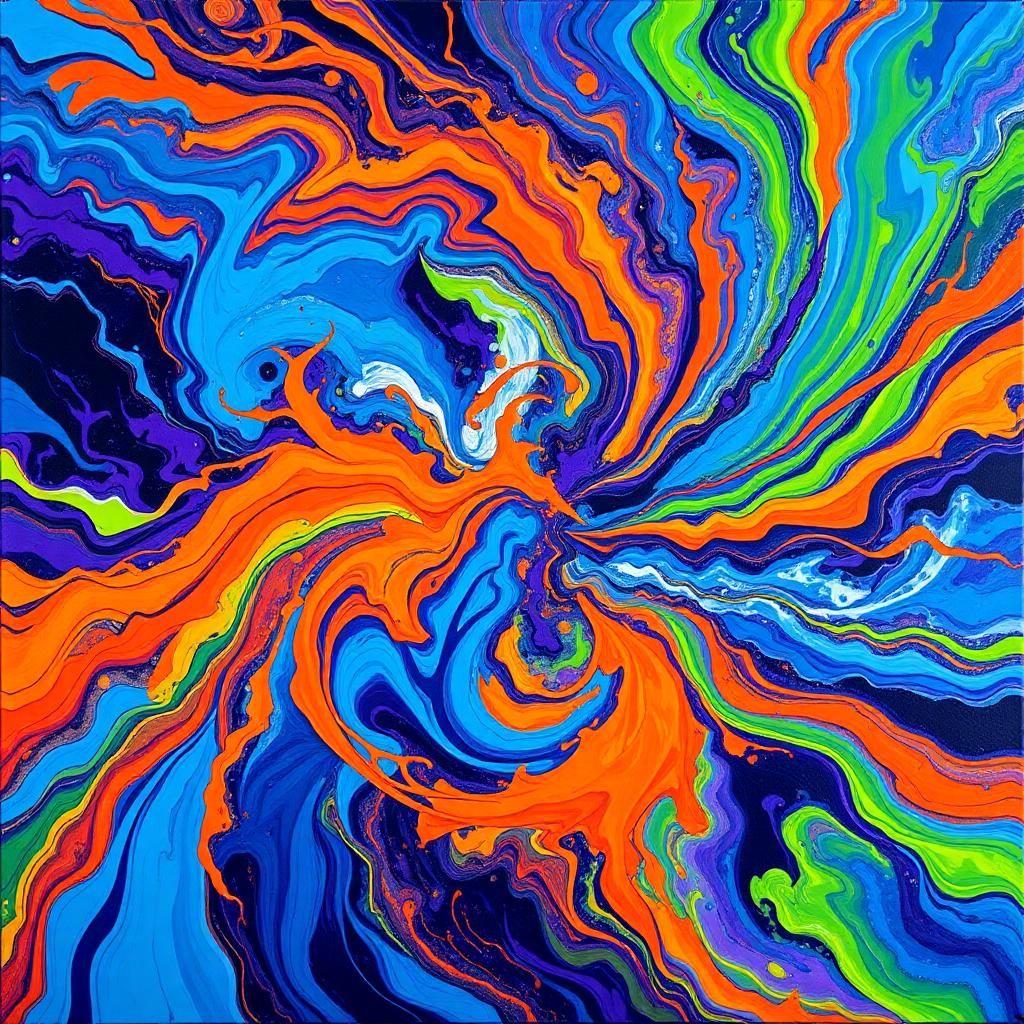 A mesmerizing explosion of swirling colors and bold textures, creating a hypnotic dance of motion and chaos. Vivid blues and fiery oranges crash against each other like waves, while streaks of neon green and deep violet seem to twist and dissolve into the canvas. The paint appears to be in motion, as though the entire piece is breathing and shifting with each passing second. Shapes emerge and fade—a fleeting glimpse of a human face, the suggestion of a distant cityscape, a swirl that resembles a cosmic galaxy—before blending seamlessly back into the abstract form.