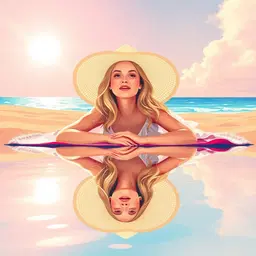 ultra‑luminous sunny girl in a renaissance‑style fantasy beach scene, wearing a large white sun‑hat and flowing blonde hair over airy chiffon, lying on a bright beach towel on a sun‑kissed shoreline, mirrored in the gentle water to create a symmetrical reflection plane, bold vector art style with crisp geometric lines and vivid gradient colors, radiant floral atmosphere and pastel palette, soft glowing light.