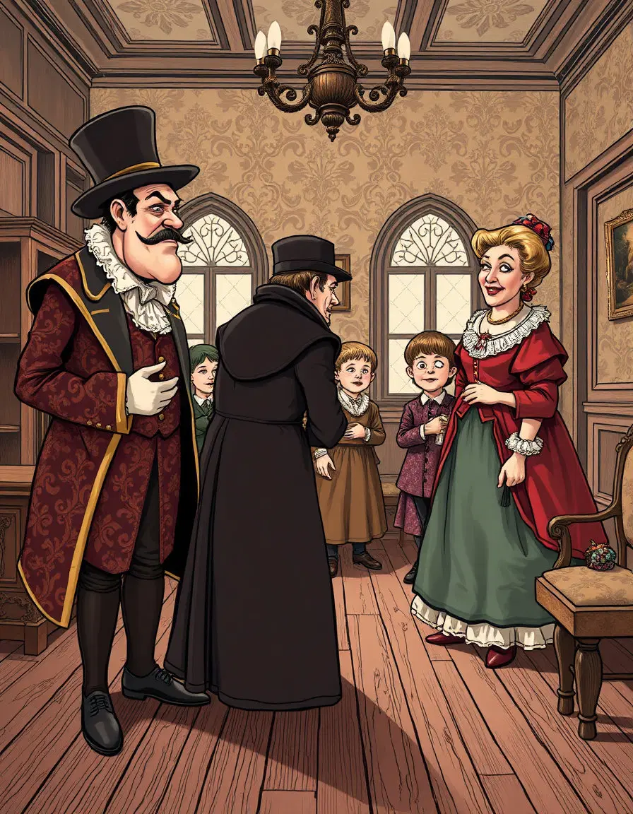 A victorian cartoon with exaggerated proportions and highly saturated damask patterns. Old world styled wood engravings. Aged wood panel floors. Antiquated structures. Randomized noblemen, noblewomen or noblechildren engaged in exaggerated, dramatic, interactions with eachother or the environment as if rehearsing for a play.