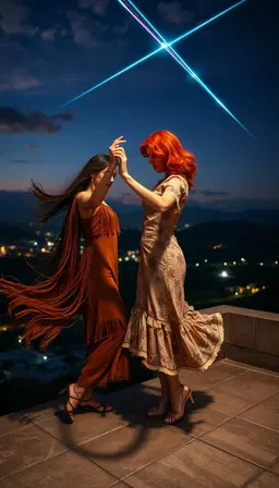 two dancing women—a bohemian‑dressed girl in flowing fringe and embroidered earth‑tone fabric, and a red‑haired woman in a vintage beige floral dress with ruffled hem and lace trim—perform their tiktok routine on a rooftop edge overlooking a sprawling night skyline, with rolling hills and distant mountains fading into the dark horizon. rendered in a 1940s kodachrome slide aesthetic: saturated rich reds, deep blues, warm yellows, dense blacks and brilliant whites, fine‑grain sharpness, slightly warm nostalgic tone, high‑key lighting that emphasizes their elegant poses. neon searchlights sweep the clouds and electric‑cyan energy trails trace flying heroes and villains across a steel‑blue sky, all captured in an archival, mythic color‑photography mood, 16:9 composition.