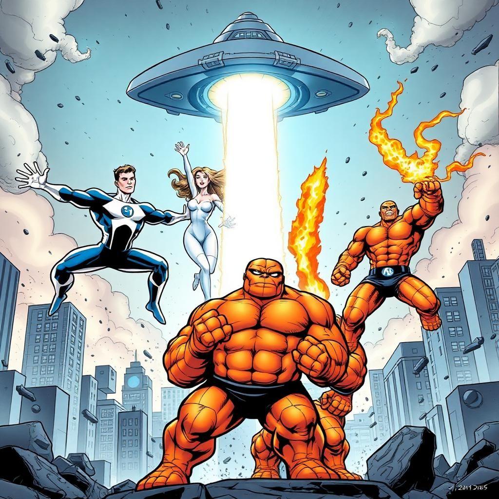 A dynamic comic book illustration of the Fantastic Four in action, showcasing their unique abilities. Mister Fantastic stretches his body in impossible shapes, forming a barrier against an incoming energy blast. The Invisible Woman is mid-air, forming a powerful force field to protect the team, her body partially phasing into invisibility. The Human Torch flies above them, engulfed in flames, leaving a trail of fire in the sky. The Thing stands in front, fists clenched, his rocky orange skin glowing under the destruction around them. The backdrop is a futuristic cityscape with an ominous alien spaceship hovering above, preparing to strike.