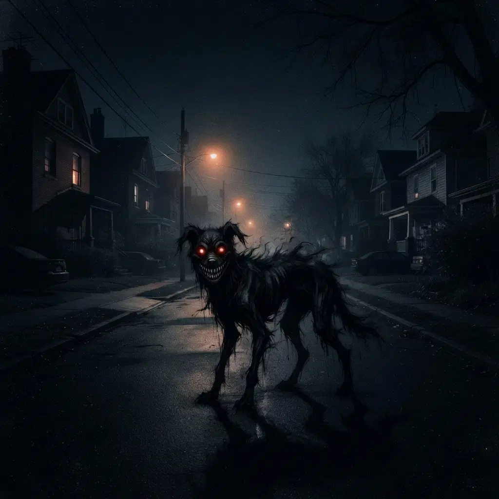 Creepypasta style OC, grinning shadow dog with glowing red eyes in dark suburban street, eerie digital art, no gore, night atmosphere