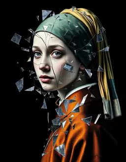 a female bust portrait in a studio, set against a stark black background, shattered into a thousand silvery shards that refract and reflect her features in kaleidoscopic symmetry, as if the very act of breaking has revealed the intricate, fractured beauty of her psyche, her green headscarf and orange-red high-collared tunic now a distant memory, lost in the infinite reflections of her own fragmented identity, the delicate black and white chalk strokes of the original portrait giving way to a palette of cool silvers, deep amethysts, and icy lavenders, lit by dramatic angular light that cuts sharp shadows across hyper-detailed glass textures, as the artist's skilled hand brings forth the subject's features in a new, shattered form, where every detail is heightened and every emotion is distilled into the quiet, contemplative world of broken glass, where the boundaries between self and reflection blur and dissolve.
