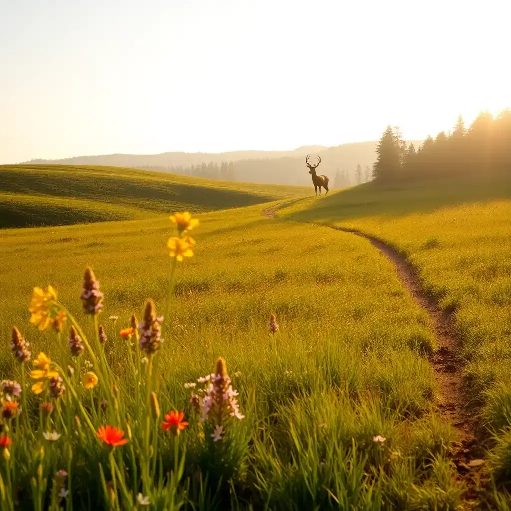 A tranquil meadow bathed in the golden glow of late afternoon light. Wildflowers of every color sway in the gentle breeze, and a narrow dirt path winds through the rolling hills. A lone deer stands at the edge of the trees, its ears twitching as it watches the horizon. The scene is peaceful, a perfect moment frozen in time, capturing the raw beauty of nature’s untouched splendor.