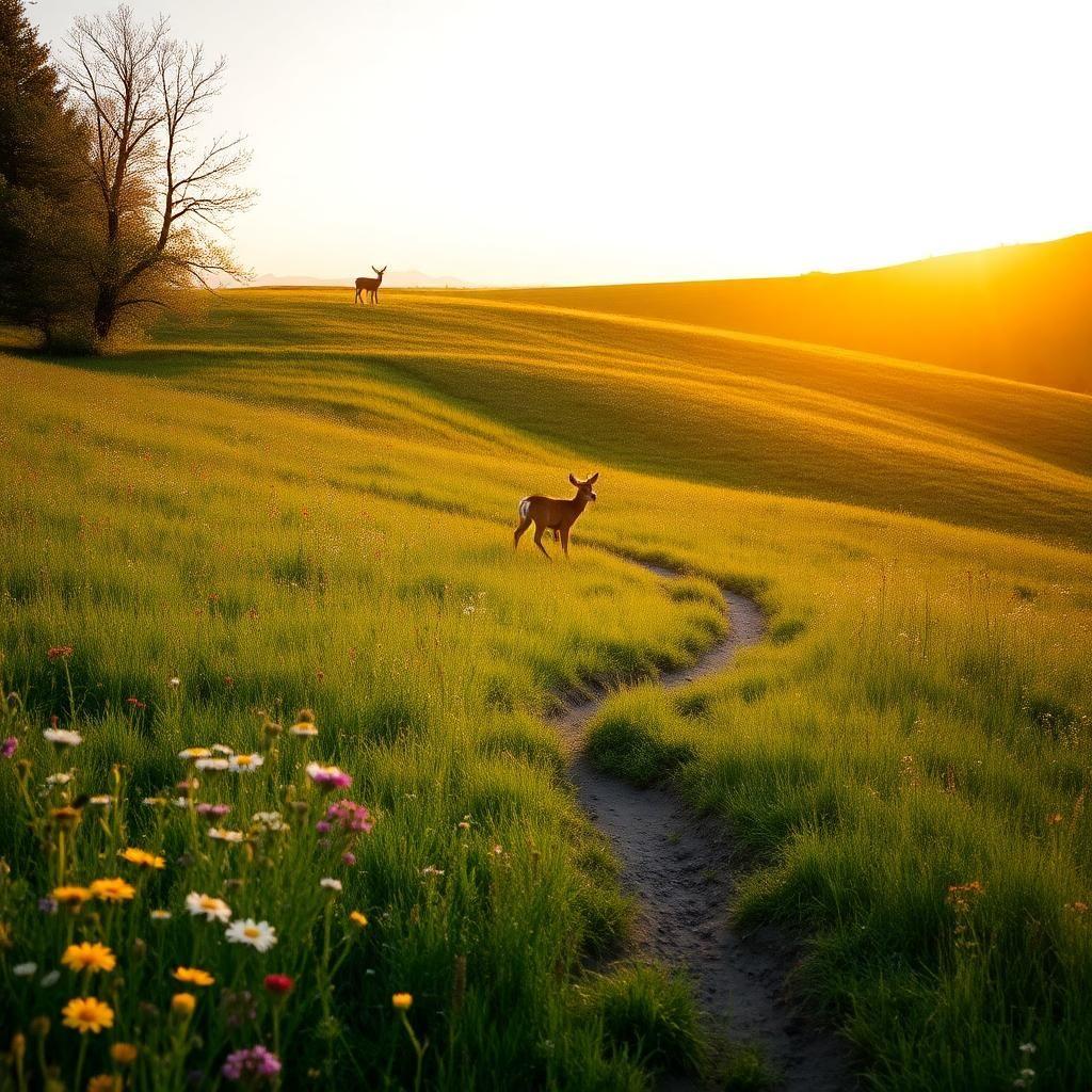 A tranquil meadow bathed in the golden glow of late afternoon light. Wildflowers of every color sway in the gentle breeze, and a narrow dirt path winds through the rolling hills. A lone deer stands at the edge of the trees, its ears twitching as it watches the horizon. The scene is peaceful, a perfect moment frozen in time, capturing the raw beauty of nature’s untouched splendor.