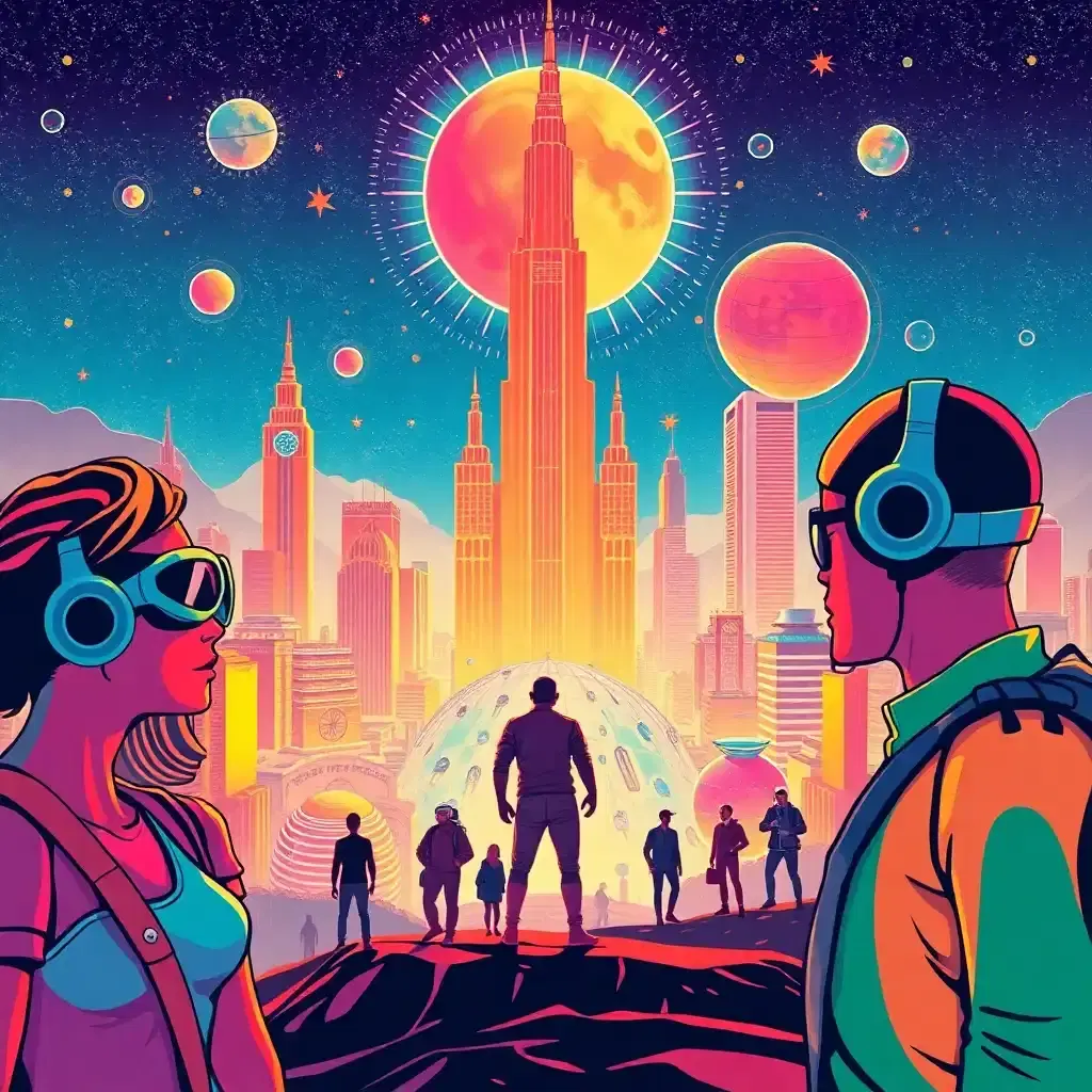 Illustrate a futuristic celebration of retro design, with human figures illustrated in bold pop art colors, set against a shimmering city that mirrors an explorer's paradise from another era. The vibrancy encapsulates a society that blends the ideals of futuristic optimism with timeless style.