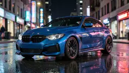 A sleek blue BMW M4, custom painted with a deep metallic azure finish, parked on a glossy urban night street. The car shines under carefully placed key light from a low angle, creating crisp highlights on its sculpted bodywork and realistic reflections on the wet pavement. The scene is captured with a Sony FX3‑inspired full‑frame cinematic setup, using a 24mm lens at f/4 to balance foreground detail and background depth while preserving the vehicle’s exact proportions and glossy paint texture. Soft fill light and natural bounce from surrounding city lights maintain nuanced shadows and contact shadows on the car’s wheels, while subtle rim lighting outlines its aggressive silhouette. The metal surface exhibits authentic specular highlights and micro‑texture detail, with accurate reflections of nearby neon signs. The composition follows a strong visual hierarchy, positioning the BMW centrally with a slight three‑quarter angle to emphasize its dynamic lines, set against a blurred yet recognizable city backdrop that supports but does not compete with the subject. Photorealistic, hyperrealistic, ultra‑detailed, high‑fidelity, true‑to‑life rendering with physically‑plausible lighting, microtexture detail, natural‑imperfections, fine‑surface‑detail, realistic‑depth, full‑frame‑cinema‑look, Sony‑FX3‑inspired, premium‑optics‑look, optical‑realism, natural‑perspective, controlled‑depth‑of‑field, precise‑focus, subtle‑focus‑falloff, realistic‑bokeh, cinematic‑framing, physically‑accurate‑lighting, soft‑key‑light, natural‑fill‑light, realistic‑bounce‑light, contact‑shadows, subtle‑volumetric‑light, accurate‑specular‑highlights, reflection‑accuracy, realistic‑shadow‑gradations, high‑dynamic‑range, natural‑color‑reproduction, S‑Cinetone‑inspired‑color, accurate‑white‑balance, lifelike‑skin‑tones, rich‑tonal‑separation, highlight‑detail‑retention, shadow‑detail‑retention, subtle‑filmic‑contrast, premium‑commercial‑photography, editorial‑photography‑quality, cinematic‑realism, dimensional‑composition, environmental‑integration, material‑fidelity, anatomical‑accuracy, object‑geometry‑accuracy, texture‑coherence, artifact‑free‑rendering, clean‑fine‑detail, professional‑color‑grading. Generate at the highest clean native resolution available, then upscale to true 8K (7680 × 4320) preserving fine detail and realistic texture. Negative Prompt: low resolution, blurry subject, soft important details, accidental motion blur, artificial skin, waxy skin, plastic face, excessive skin smoothing, distorted anatomy, malformed face, asymmetrical eyes, deformed hands, extra fingers, missing fingers, duplicated limbs, fused fingers, warped objects, melted details, incorrect proportions, inconsistent perspective, floating objects, incorrect contact shadows, impossible reflections, inconsistent lighting, random glow, excessive bloom, excessive HDR, oversaturated colors, crushed blacks, clipped highlights, oversharpening, halos, artificial bokeh, repetitive textures, fake pores, unnatural hair, messy edges, visual clutter, accidental cropping, duplicate subjects, duplicated objects, random background elements, unintended text, gibberish lettering, fake logos, unwanted watermarks, UI elements, compression artifacts, jpeg artifacts, plastic materials, CGI‑looking surfaces, game‑render appearance, obvious AI artifacts. Parameters: aspect_ratio=16:9, camera_aesthetic=Sony FX3‑inspired full‑frame cinematic photography, lens=24mm prime, focal_length=24mm, aperture=f/4, shutter_speed=1/125s, ISO=200, focus_plane=vehicle front‑center, depth_of_field=cinematic, lighting_setup=low‑angle key light plus fill and bounce, white_balance=auto, color_treatment=natural cinematic commercial grade, dynamic_range=high, texture_level=very high, sharpness=natural micro‑contrast, background=urban night street with subtle bokeh, native_generation=highest clean resolution, post_process=high‑quality 8K upscale, negative_prompt=as above. Upscaling Directive: After generating the native‑resolution image, apply a high‑quality 8K upscaling algorithm preserving genuine micro‑texture detail, avoiding haloing, oversharpening, and artificial artifacts.