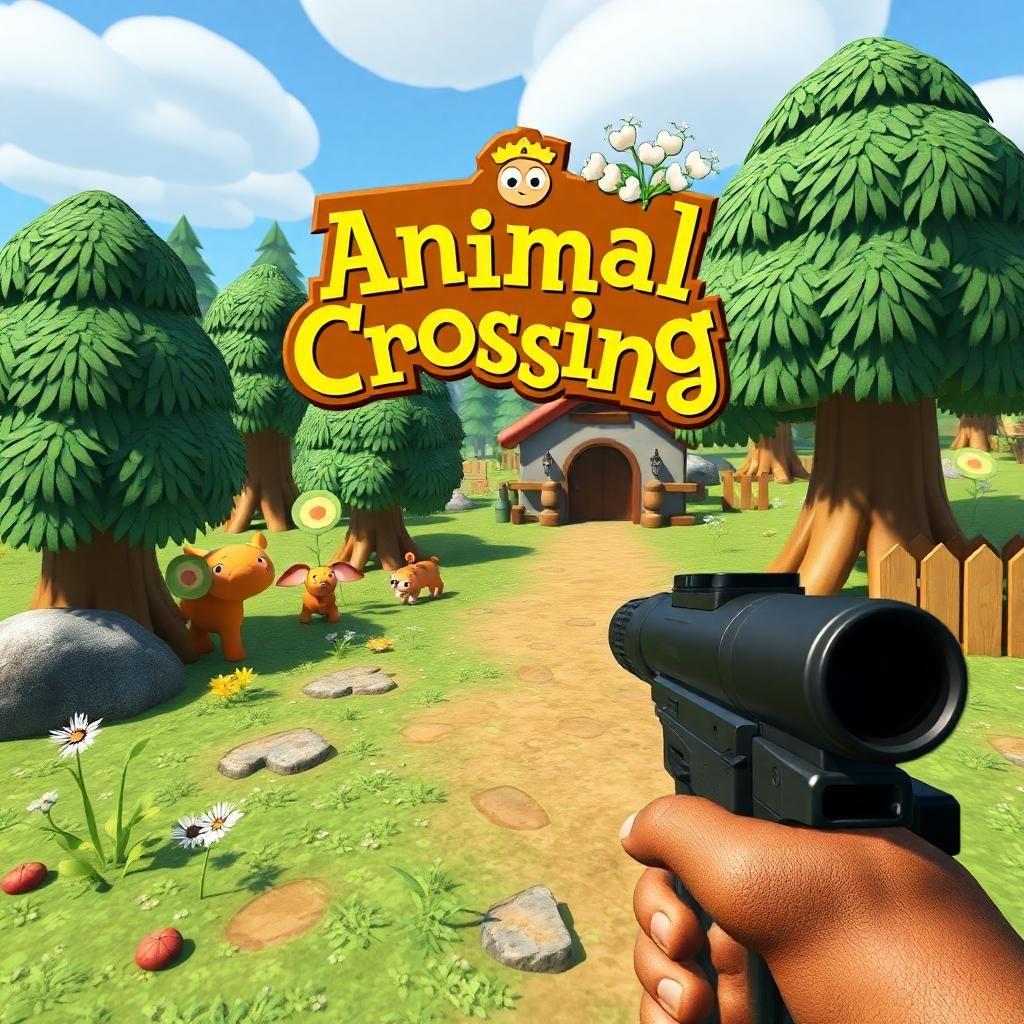 a video game cover for a first-person shooter based on animal crossing