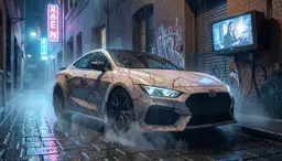 a rain‑slicked city alley bathed in cool blue‑white flicker, neon reflections dancing on wet cobblestones, now houses a sleek automobile shaped like the weathered scholar‑turned‑woman, her upper torso forward, shoulders hunched, eyes fixed on a flickering television screen perched on a nearby wall. the car’s glossy paint mirrors delicate crimson arterial patterns beneath the surface, subtle ink‑like lines tracing the veins of its body, while vapor curls around its wheels and the low‑angle three‑quarter view captures the dynamic contrast of warm shadows and shifting micro‑shadows on its textured, watercolor‑paper surface.