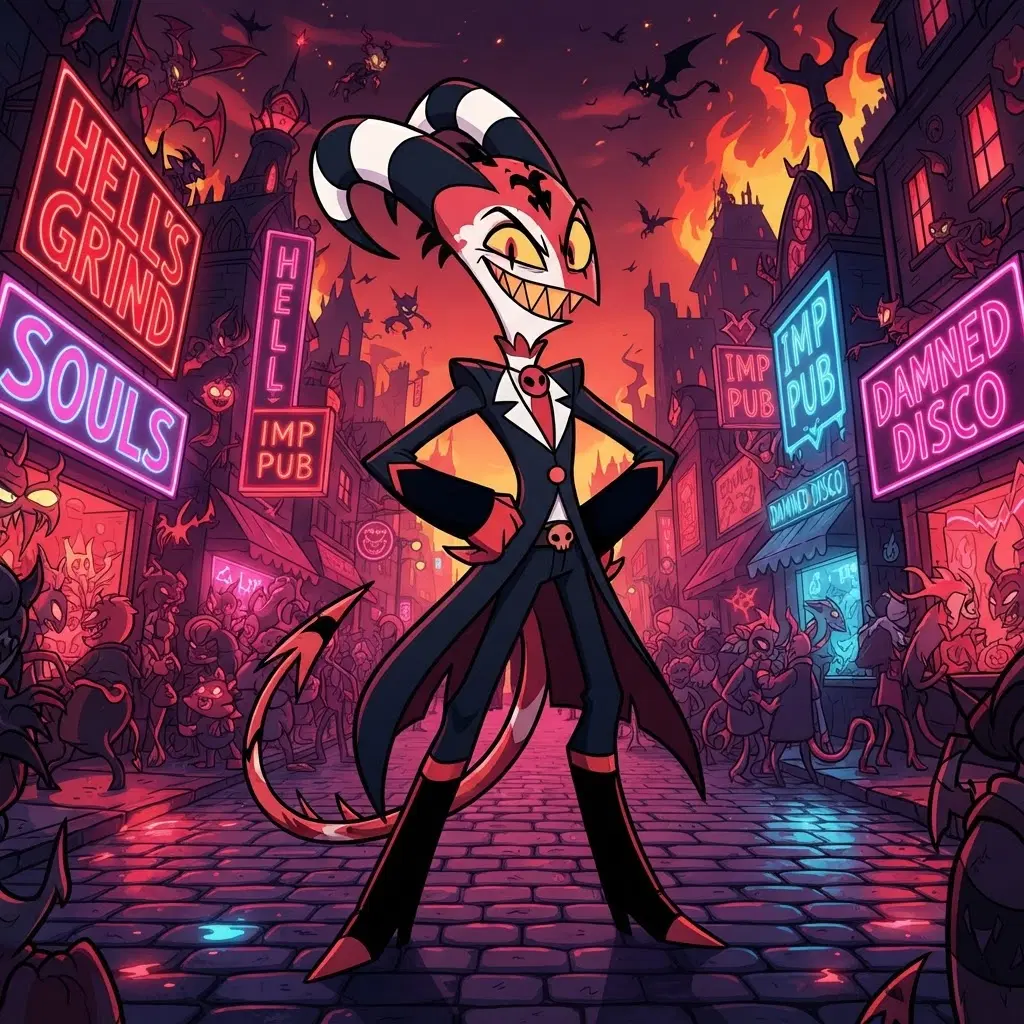 cartoon imp demon character, red and white striped skin, small curved black horns, long thin arms and legs, wide sharp-toothed grin, black suit with red tie, standing on a neon street in a city of hell at night, thick bold line art, flat cel shading, 2D western cartoon style, full body