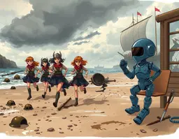 viking longship scouts depicted as four young girls in crisp scout uniforms sprinting across a muddy beach, their determined faces and flowing skirts highlighted by cinematic lighting, fleeing a massive viking longship packed with armored warriors and sturdy war horses; the stormy coastal cliffs loom in the background, dark clouds swirling above, while scattered medieval helmets and rust‑worn weapons litter the sand, all rendered in a digital painting style with muted earth tones and sharp red accents, dynamic composition and shallow depth of field emphasizing motion. adjacent to this dramatic scene, a stylish humanoid robot lounges in a quiet coffee shop, its spriggan‑inspired mechanical design featuring glossy blue candy‑finished armor and refined, elegant lines; the robot’s relaxed “eh, whatever” posture is captured in chibi‑style mature anime illustration with detailed 2‑d linework and soft cel shading, sipping a tiny espresso cup of motor oil as sunlight filters through the cafe window, creating a calm, drawn‑look atmosphere that contrasts the fierce beachfront tableau.