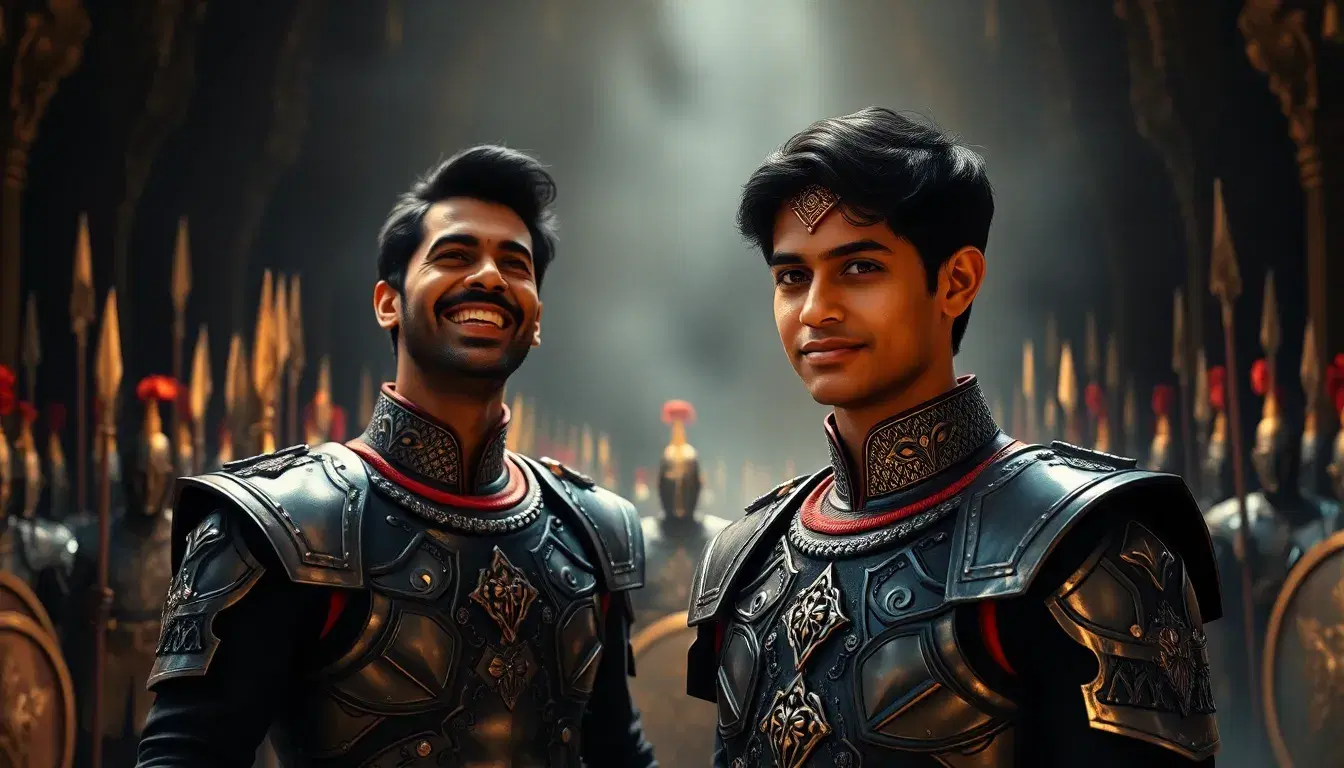 Hyper realistic cinematic fantasy scene, Prince Veerbhān laughing arrogantly in King Rudraketu’s dark royal court, head slightly tilted back with cruel confidence, armored soldiers standing in massive numbers behind him holding spears and shields, while Prince Devansh stands alone in the foreground calm and fearless, golden-blue aura softly surrounding him, sharp contrast between Veerbhān’s mocking expression and Devansh’s composed gaze, dramatic cinematic lighting, epic fantasy confrontation still, ultra-detailed faces, armor, and environment, 8K realism, aspect ratio 16:9
😈 Character Prompt – वीरभान (Consistent Villain Prince Look)
Prince Veerbhān, arrogant and ruthless royal prince, sharp angular facial features, mocking smile, cold cruel eyes, short dark hair, wearing dark metallic armor with red accents, confident aggressive posture, aura of pride and overconfidence, hyper realistic cinematic fantasy villain character, ultra-detailed face and armor, 8K realism
👑 Character Prompt – राजकुमार देवांश (Calm Before Storm – Same Look)
Prince Devansh of Suryagarh, tall radiant warrior prince, sharp heroic facial features, glowing golden-blue eyes, long dark hair flowing, awakened royal warrior attire with luminous golden armor accents, standing alone calmly, unshaken by numbers, aura of justice and destiny, hyper realistic cinematic fantasy hero, ultra-detailed, 8K realism
🏰 Environment Prompt – दरबार + सेना
Dark royal court filled with thousands of armored soldiers, spears, shields, banners of Rudraketu kingdom, torch-lit oppressive atmosphere, sense of overwhelming numbers, hyper realistic cinematic fantasy environment, ultra-detailed, 8K realism