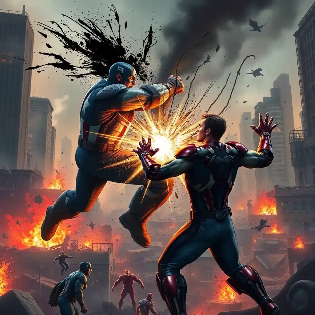 an epic battle scene between the fantastic four and the avengers amidst a devastated cityscape, illuminated by fires and energy blasts. captain america clashes with the thing, their fists colliding with immense force, each spot of contact leaving a dark, ink-stained smudge. mister fantastic dodges iron man's repulsor blasts, stretching his body around the attacks, and creating a pattern of splattered black ink as his body moves through the blasts.