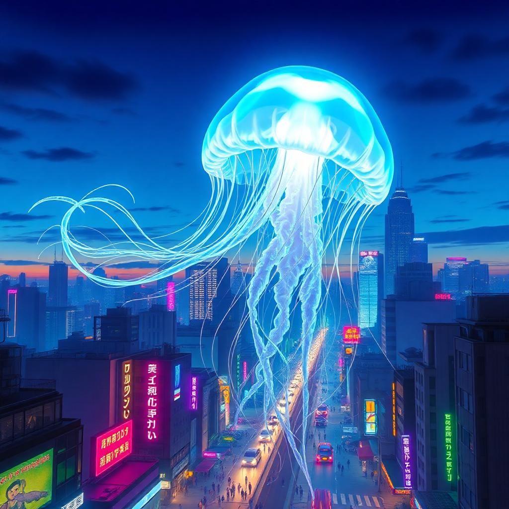"Create a mesmerizing image of a giant, glowing jellyfish floating above a vibrant, neon-lit cityscape at dusk. The jellyfish's translucent body glows with an ethereal blue light, while its long, flowing tentacles stretch out in all directions, as if dancing to an unheard melody. The city below is a kaleidoscope of colors, with towering skyscrapers and bustling streets filled with people looking up in wonder. The atmosphere is one of magic and enchantment, as if the jellyfish has brought a touch of the ocean's mystery to the urban jungle. The art style is a blend of surrealism and futurism, with bold lines and vibrant colors that seem to pulse with energy. The overall mood is one of awe and wonder, as if the viewer is witnessing a once-in-a-lifetime spectacle."