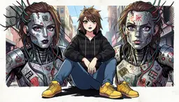 image 1 is lyra. lyra: anthropomorphic female with messy layered brown hair, black eyeliner, glossy dark purple lipstick, and a black plaid hoodie. she sits seated with legs crossed and a slight torso twist, wearing casual denim jeans and yellow low‑top sneakers. her face features large expressive eyes, a defined jawline, and a relaxed direct gaze. she carries minimal accessories, beautiful woman. anime stylization with bold linework, controlled chromatic harmonies, and simplified yet expressive facial geometry. cell‑shaded colors with abrupt value separation give crisp graphic clarity, while broad specular highlights and reduced ambient fill create high‑contrast, emotionally charged lighting. surface textures are minimized, focusing on gesture, silhouette, and expression. eyes feature complex layering of transparent gradients, reflective hotspots, and subtle chromatic edging for heightened emotional resonance. cartoon elements: a vibrant mixed‑media urban photography portrait. the photographic base captures lyra in bright sunlight, streetwear aesthetic. dynamic bold flat 2d cartoon vector illustrations wrap around and interact playfully with the photorealistic scene, adding surreal pop‑art flair. cyborg robot details appear as background elements: a half‑human head robot with hair that mixes electric wiring and real human hair, marks on its forehead, cuts in its metal body, adorned with decals and cybernetic stickers. mixed collage texture layers, ink illustration sharp contrasts, and dark horror cross‑hatching accents blend into the composition, creating micro‑shadows and rich material depth. the overall image is a 1:1 vivid, cinematic scene where lyra remains the sole character, integrated naturally into the stylized, multi‑medium environment.
