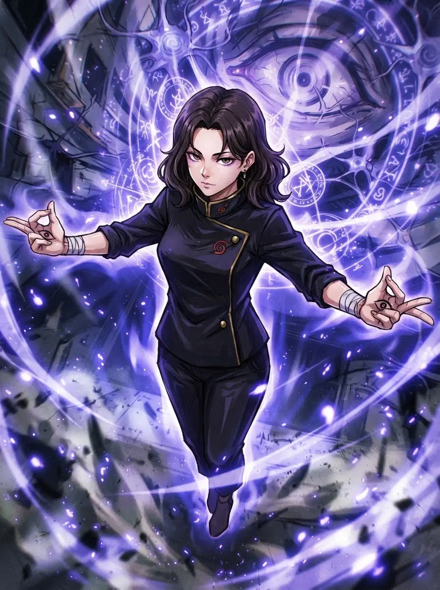 Appearance: 1girl, medium height, athletic slim fit, Jujuts Kaisen Art style, pale skin, dark brown eyes, almond shaped eyes, psychic calm expression, extremely deep dark brown hair, very short hair just below the jaw, no fringe, middle parted hair, wavy hair without fringe, Jujutsu Kaisen school outfit, Jujutsu Kaisen dominion expansion, powerful cursed energy, confident pose, single character, only upper body shot, just 2 arms, anime style, Jujutsu Kaisen art style, pose more spiritually powerful (arms spread, levitating, loads of cursed energy), cursed energy deep violet-blue, and give her a domain expansion (hand pose/gesture, domain around her, power related to psychic energy and mind)