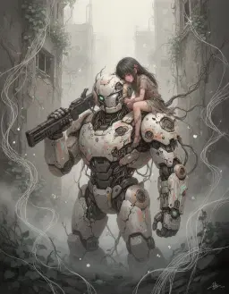 a refined digital painting of a liminal fantasy dreamlike realm rendered in painterly semi‑realism with ethereal fine‑art atmosphere and subtle surrealism; a larger, muscular robot companion of biomechanical design, now in a very dilapidated, almost shattered condition, its armor severely broken, heavily damaged, missing an arm, surface covered in intricate circuitry, gears and wires, highlighted with white, mid‑dark peach and light sapphire accents, now wielding a large firearm slung over its shoulder, while the small, wounded girl sits on the robot’s shoulder, her head pressed gently against its head, dressed in tattered rags with her head tilted protectively toward the robot, their expressions conveying deep friendship and mutual trust; situated in a ruined urban environment where crumbling walls are overgrown with vegetation and ivy, free of any street‑art tags; the overall lighting is very soft, diffuse and shadowless, with an invisible light source creating luminous mist, atmospheric scattering, subtle volumetric haze, soft backlight, pale shadows and milky highlights; low contrast pale mid‑tones dominate, avoiding pure black or white, with strong aerial perspective and gentle painterly depth of field that lets the background dissolve gradually into mist while the robot remains sharply defined; the color palette is desaturated, mixing warm mineral neutrals (antique ivory, parchment beige, warm bone, faded sand, light taupe, dusty bark brown) with cool botanical tones (pale sage, faded eucalyptus, dusty celadon, pale teal‑gray, silver green, pearl gray, ash gray, fog gray, smoke gray, lifted charcoal); ivory and beige illuminate the scene, sage and teal‑gray colour the vegetation and cool shadows, and bark brown and charcoal appear only as subtle accents, all softened by gray mist; biomech style influences appear in the robot’s design: science‑fiction comic manga aesthetics with systematic biomechanical complexity, volumetric dynamic lighting and adaptive contrast, matte gel‑gloss finish, and flux‑blended realism; etched reality elements are woven throughout: a solid black background with etched lines and flowing hair‑like filamentary patterns, abstract composition of intricate line patterns, high‑contrast dynamic movement, and a luminous glow that adds a surreal, minimalist modern‑art feel; captured as if through an 85 mm lens at f/2.8, delivering soft focus depth, fine detail, and conceptual imaginative impact.