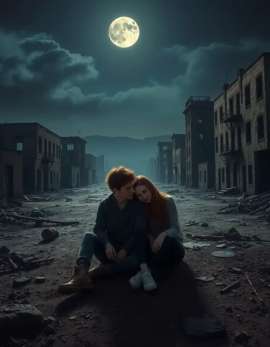 Two young people, a romantic couple, sitting together, in a post-apocalyptic wasteland with abandoned buildings, Complete darkness with moonlight, Realistic