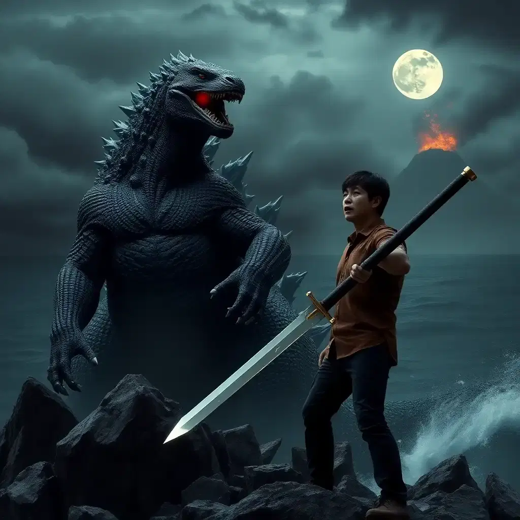 Dark gray, muscle-bound Godzilla, Komodo dragon horns, glowing red eyes. Fearful face.  Man, short dark hair, brown shirt, dark pants, holds large, gleaming sword.  Rocky outcrop, dark ocean. Distant volcano erupts, smoke darkens stormy sky. Moonlight highlights Godzilla's scales, man's fear.  Sharp, textured Godzilla skin.  Dramatic, gritty, cinematic style.  Man's small size emphasizes Godzilla's immense power.  Ocean waves crash on jagged rocks.
