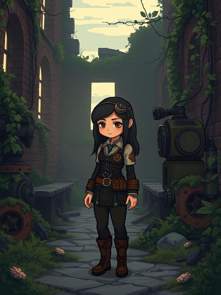 A young steampunk woman stands alone, surrounded by overgrown ruins at dusk. Vines and moss cover old bricks and machines. Her old-fashioned gadgets and clothes are worn, with leaves and twigs stuck to them. The fading light shines through broken windows, casting a warm glow on her. Her face is hidden in shadow, and she looks calm and lost in thought. The scene is peaceful, with a warm, fuzzy texture like an old film reel.

In a pixel art style, with tiny squares and soft, muted colors. The woman and her gadgets are blocky and charming, but also worn and rusty. The ruins have simple, cute patterns, like old stone walls covered in ivy. The whole scene feels quiet, old-school, and nostalgic, like a forgotten memory from a long time ago.