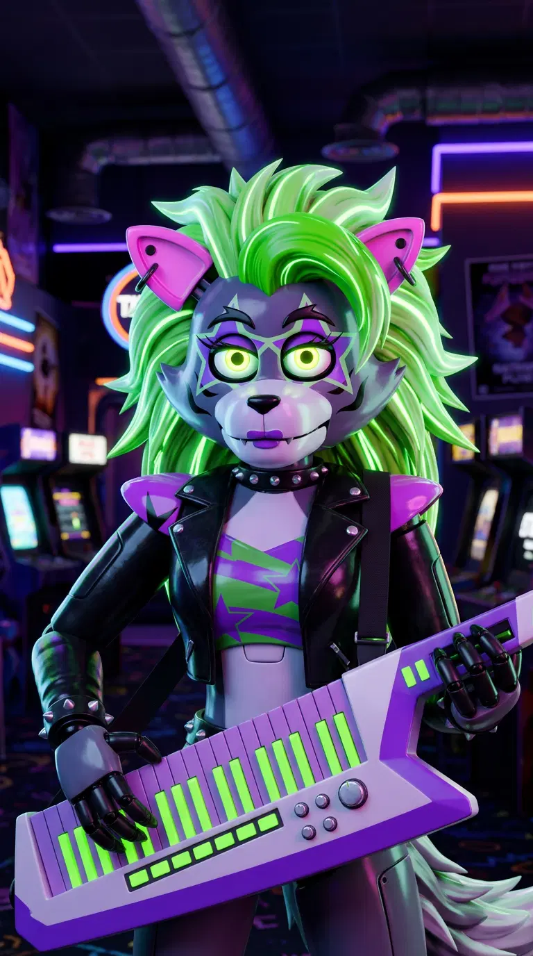 Original animatronic in the Five Nights at Freddy's art style: a glossy glamrock-style wolf girl animatronic with neon green hair, star face paint and a keytar, glowing eyes, 3D render, neon arcade pizzaplex behind. Portrait framing from the waist up, face in the upper third of the frame, one character only. No text, no logo, no watermark.