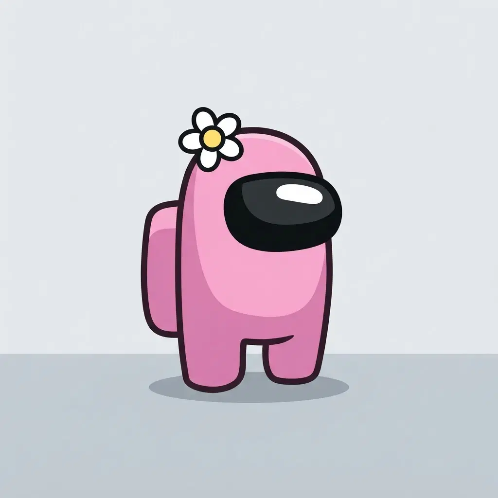 Among Us game style chibi crewmate bean, pink suit with flower on head, armless rounded bean, glossy visor, flat cartoon game art, clean background