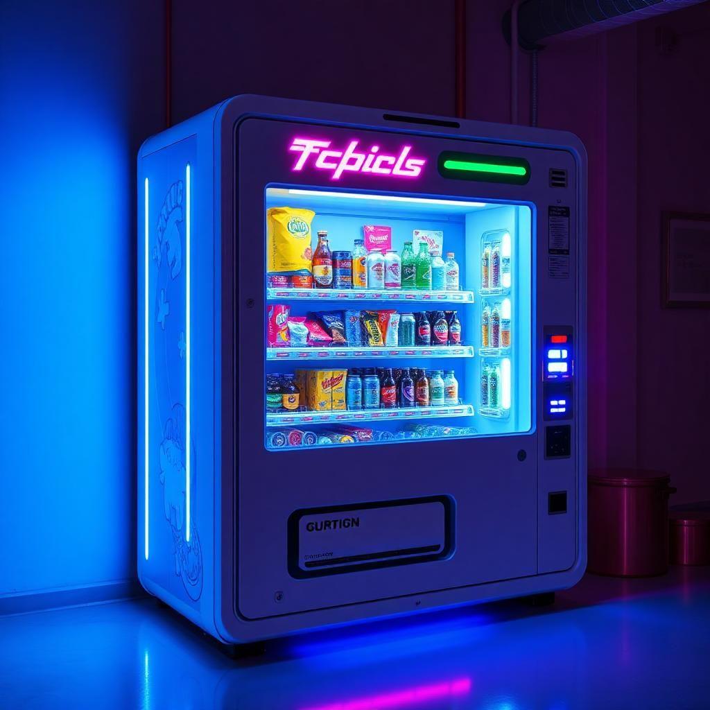 A cyberpunk-style vending machine that dispenses futuristic snacks and neon-lit beverages.