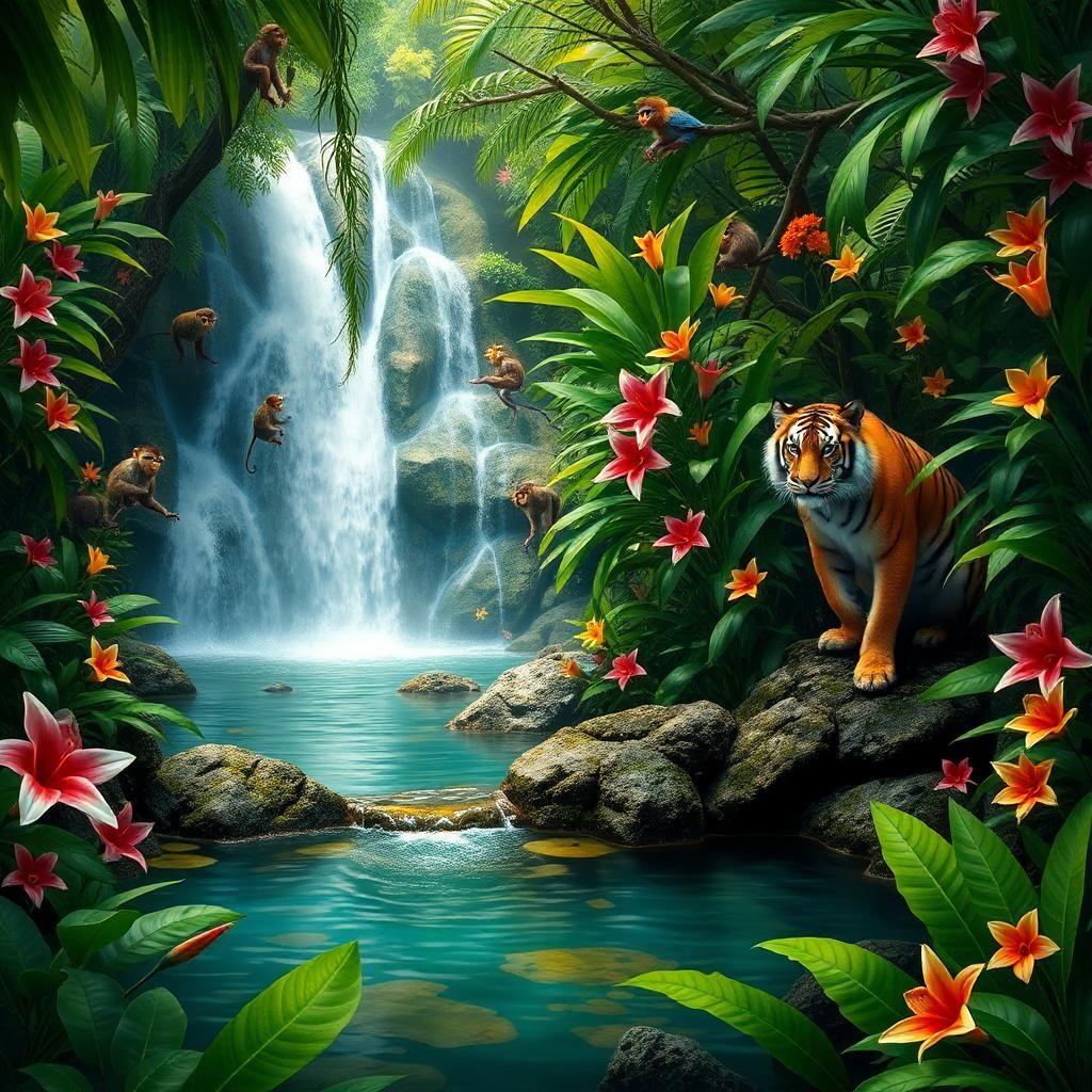 A hidden tropical paradise, where waterfalls cascade into natural pools surrounded by dense jungle. Exotic flowers bloom in every direction, their petals rich with vibrant hues. A family of playful monkeys swings from the vines while a lone tiger watches from the shade, its amber eyes gleaming. The air is thick with the songs of unseen creatures, and the entire scene feels like a glimpse into a lost Eden.
